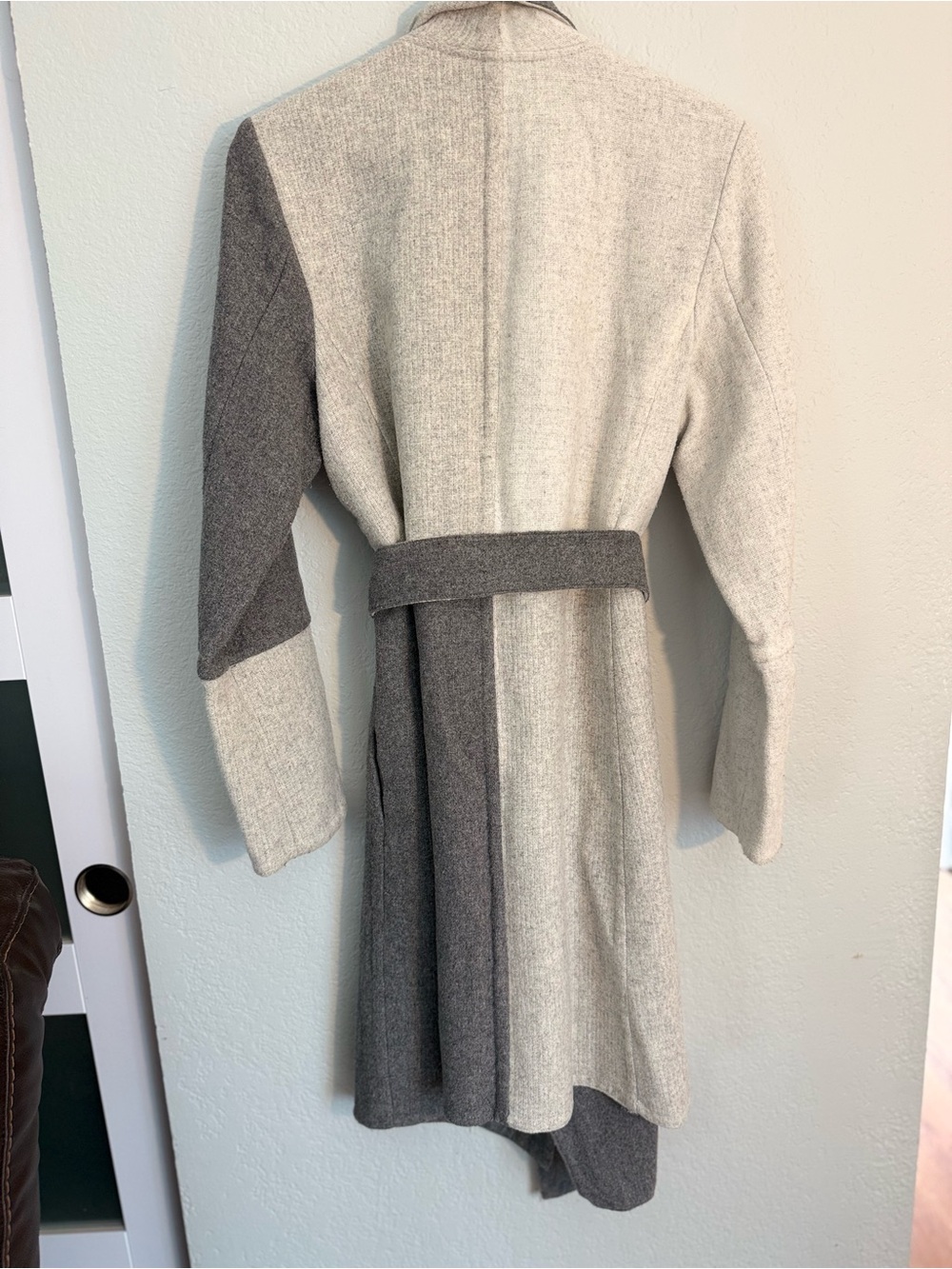 Alfani Two-Tone Gray and Cream Wool Blend Belted Coat